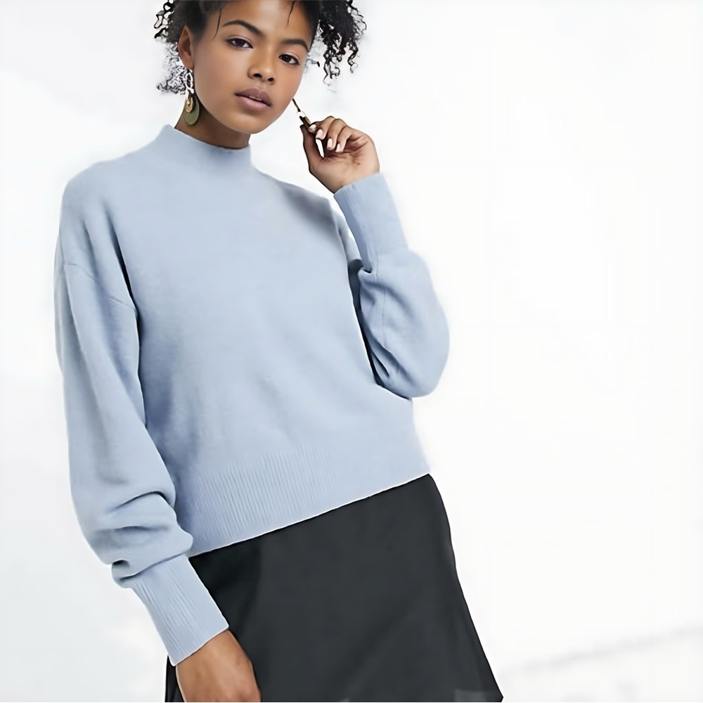 NEW & Other Stories Blue Cropped Mock Neck Sweater Wool Size Small